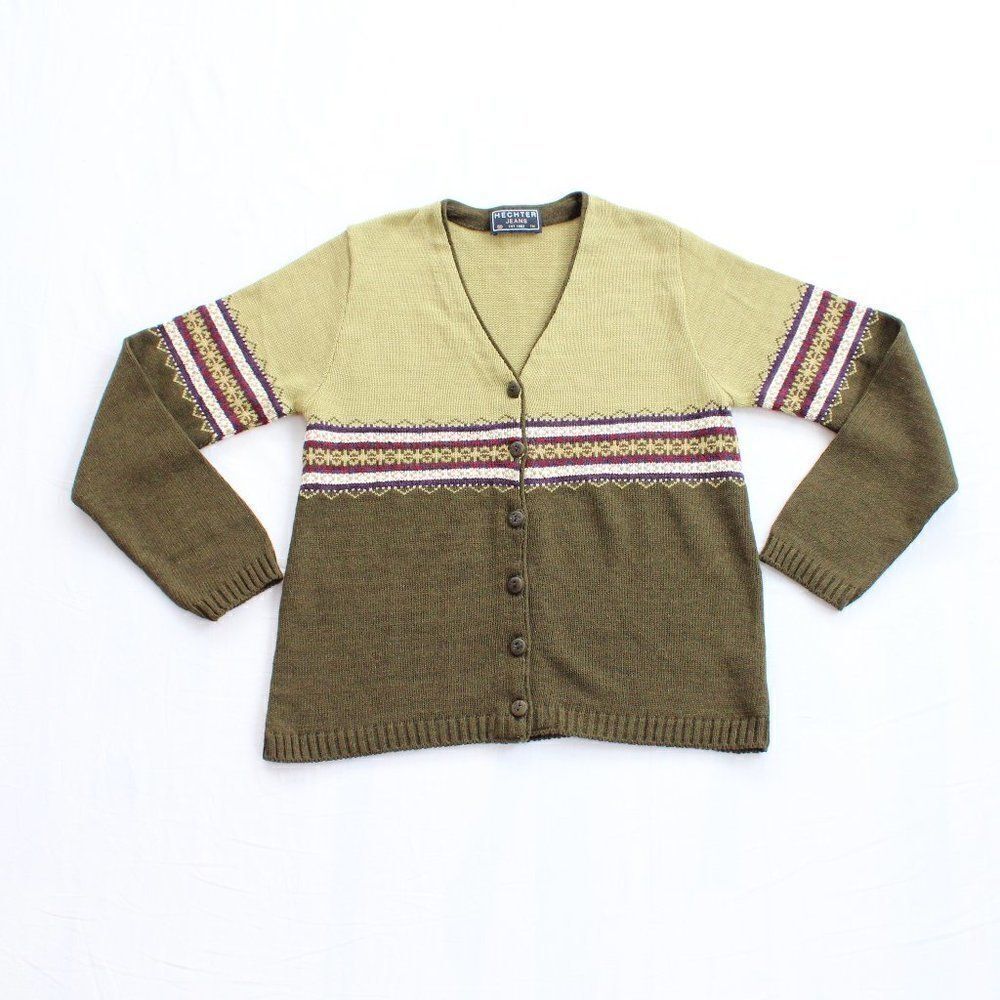 Vintage grandma knitted sweater size L green retro pattern Hechter Woman